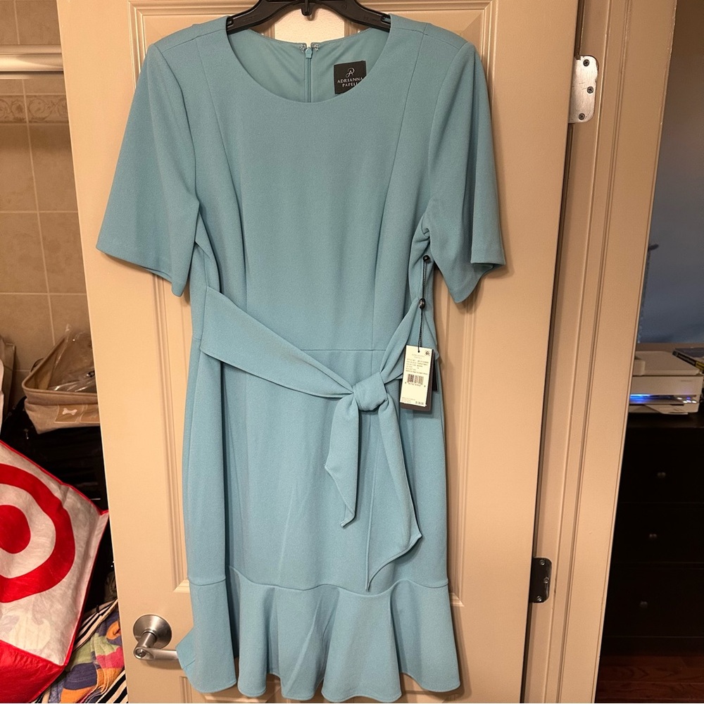 NWT size 14 Adrianna Papell Baby Blue Tie Front Dress Ruffled Bottom